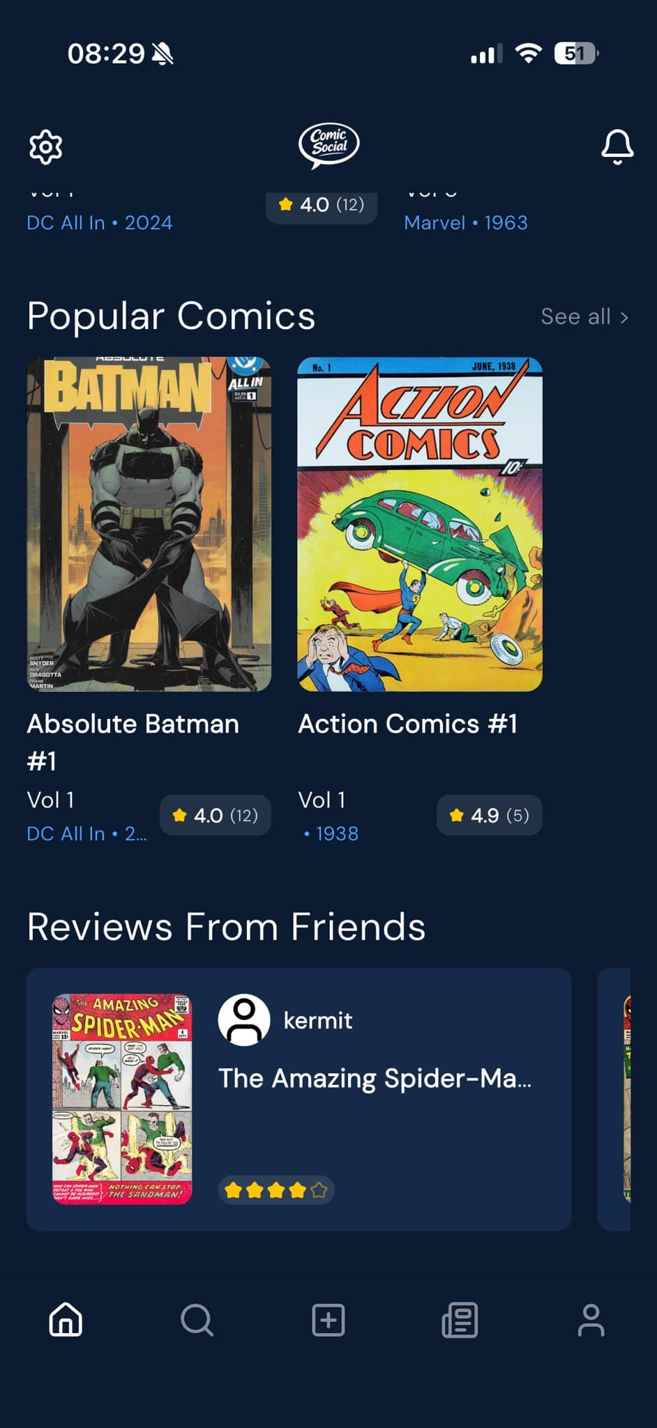 Comic Social Discover app screen