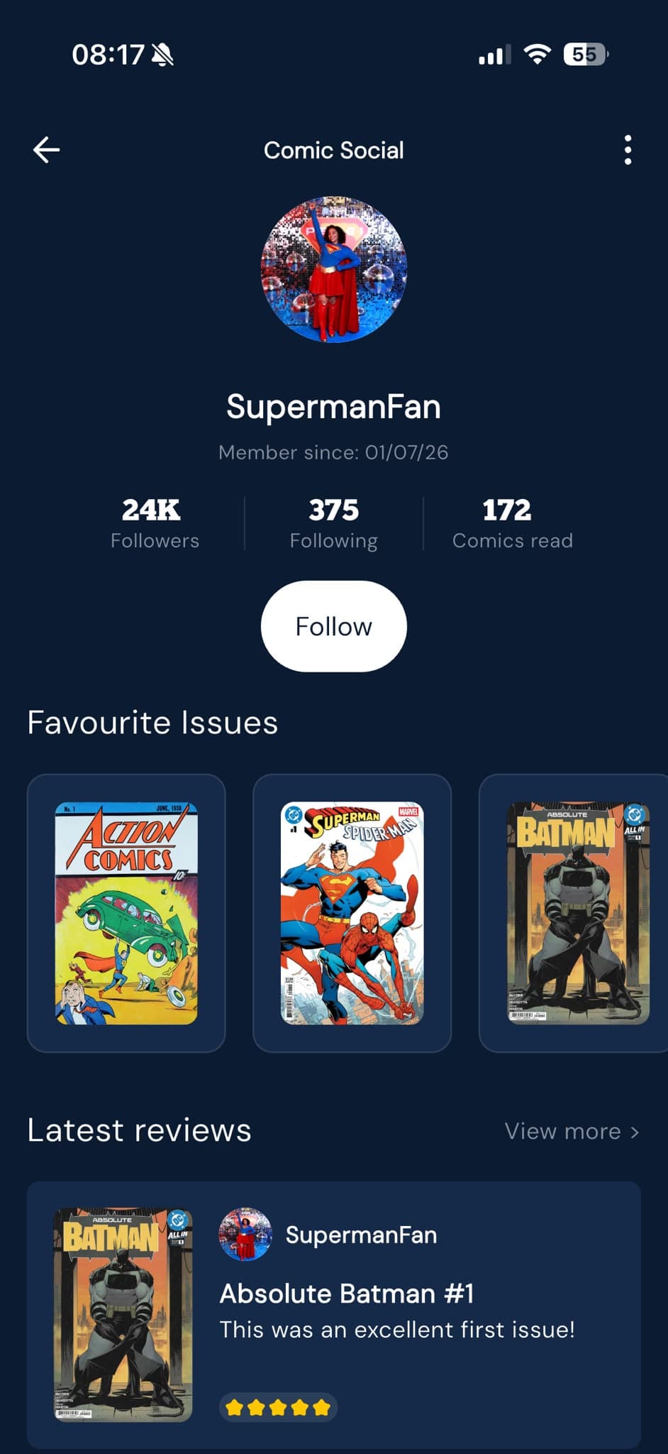 Comic Social Profile screen