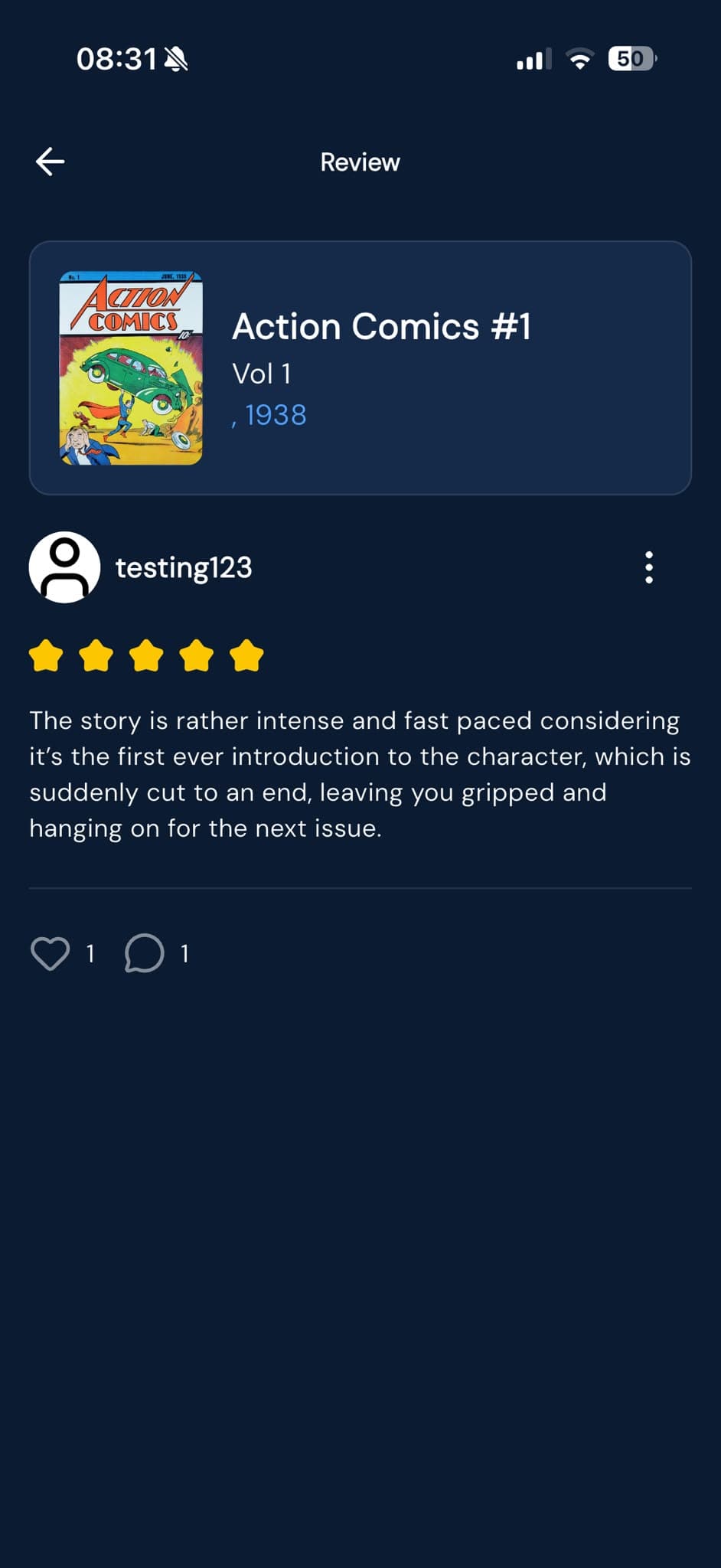 Comic Social Reviews app screen